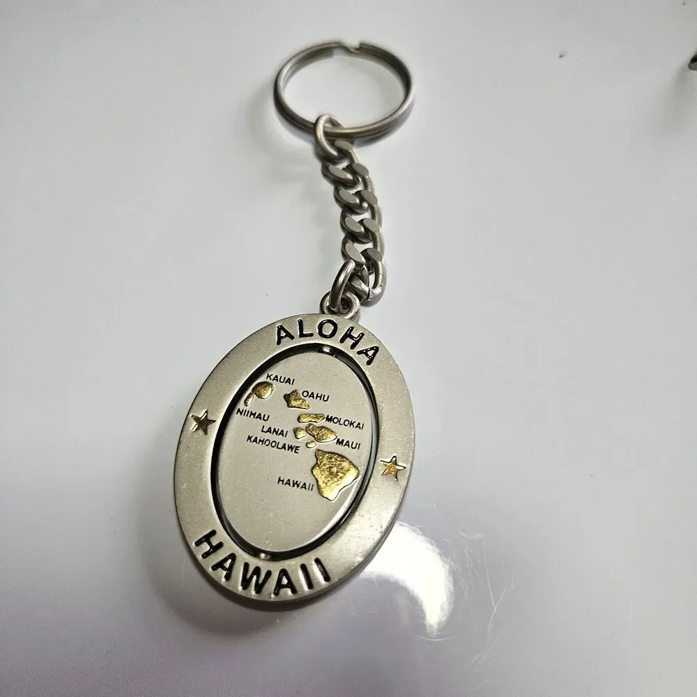 Aloha Hawaii Silver Gold Tone Spinner Souvenir Keychain Key Ring Map of Islands